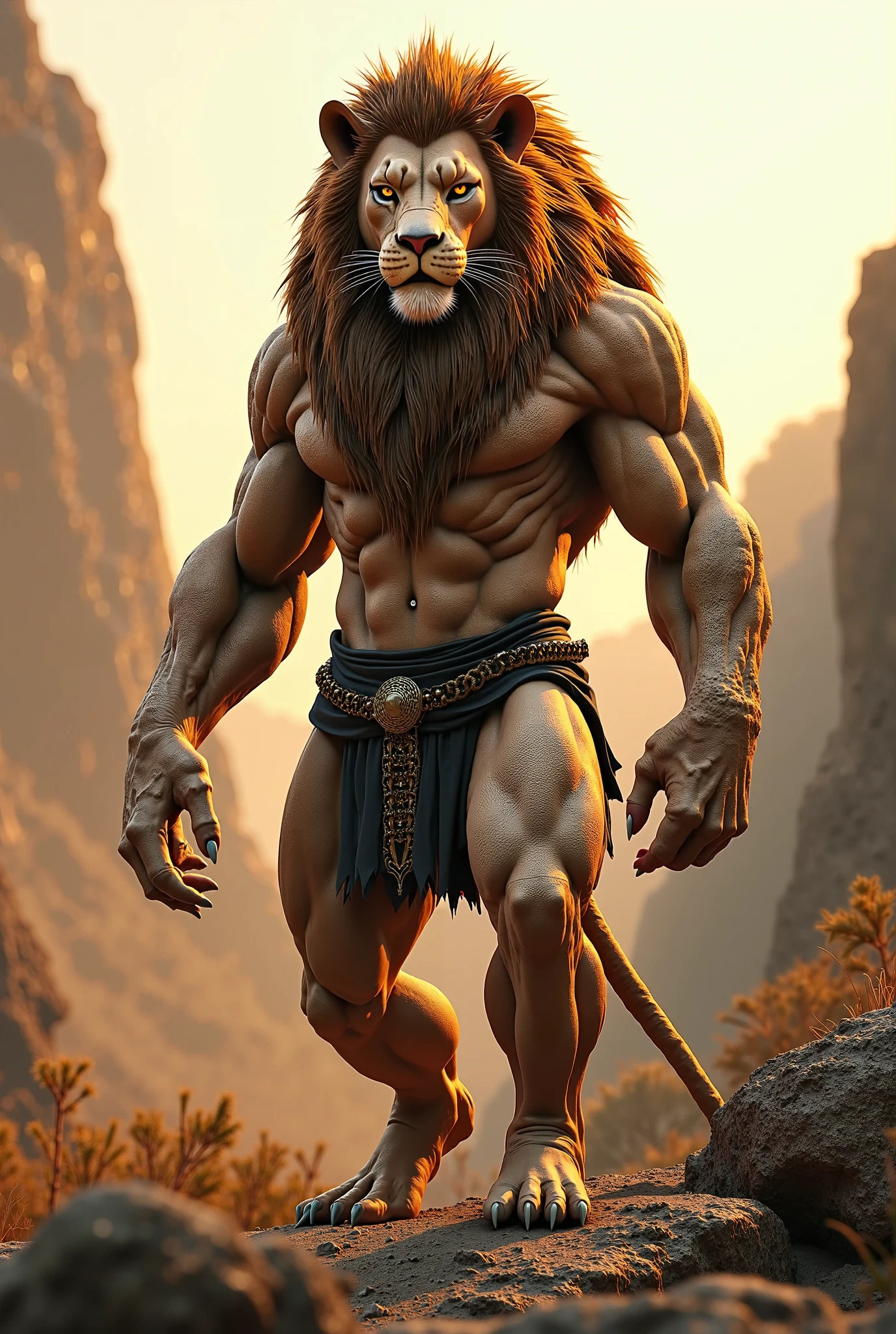scar_(the_lion_king),lion,male,aldult,alone,4K,best quality,full-body shot,slim body,looking at the audience,Show muscles,hairy body,Upper body exposed,bared chest, Hairy chest, (muscular, Athletic body:1.0), Pink nipples, Six-pack abs, biceps, 弯曲biceps, anatomically correct,Delicate fur,pride,soft shadow,brown loincloth,majestic (Detailed face, delicate eyes:1.1),golden eyes,Sharp eyes,Grandiose,Valiantary,,Smile confidently,Strong,mature,simple sky background,