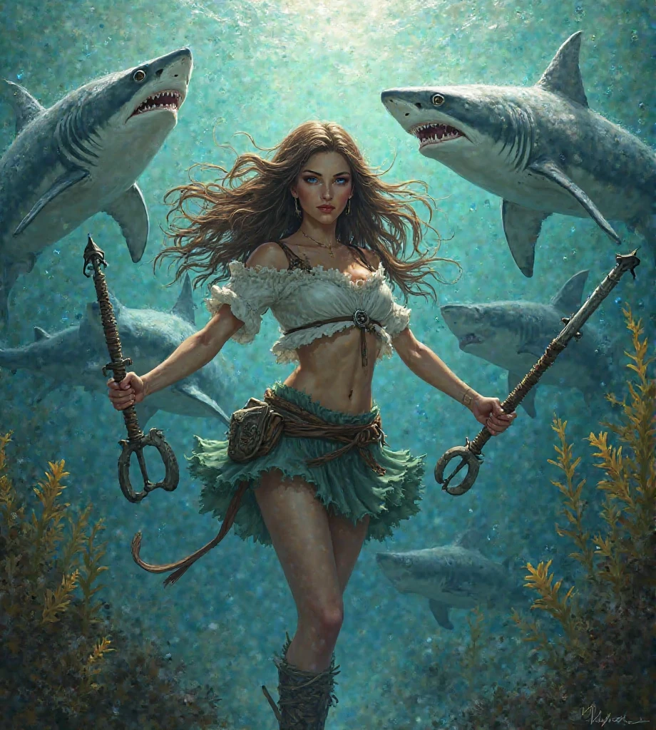, a wide angle picture of a female human druid swimming along her pet shark, priest of underwater nature, cleric of underwater nature, art full body, ((anatomically correct)), dynamic position (intricate details, Masterpiece, best quality: 1.5) talking to a shark (intricate details, Masterpiece, best quality: 1.5) under the sea (intricate details, Masterpiece, best quality: 1.5), a human woman wearing scale armor ((intricate details, Masterpiece, best quality: 1.4) leather boots, armed with a sword, GLOWING WEAPON, thick hair, long hair, brown hair, tan skin intense brown eyes, undersea background (intense details), night undersea( (intricate details, Masterpiece, best quality: 1.5)high details, best quality, 16k, RAW, (ultra detailed: 1.5), masterpiece, best quality, (extremely detailed), dynamic angle, ultra wide shot, RAW, photorealistic, fantasy art, rpg art, realistic ), dynamic angle, (intricate details, Masterpiece, best quality: 1.5)), high details, best quality, highres, ultra wide angle, Wielding sword, chumbasket art style