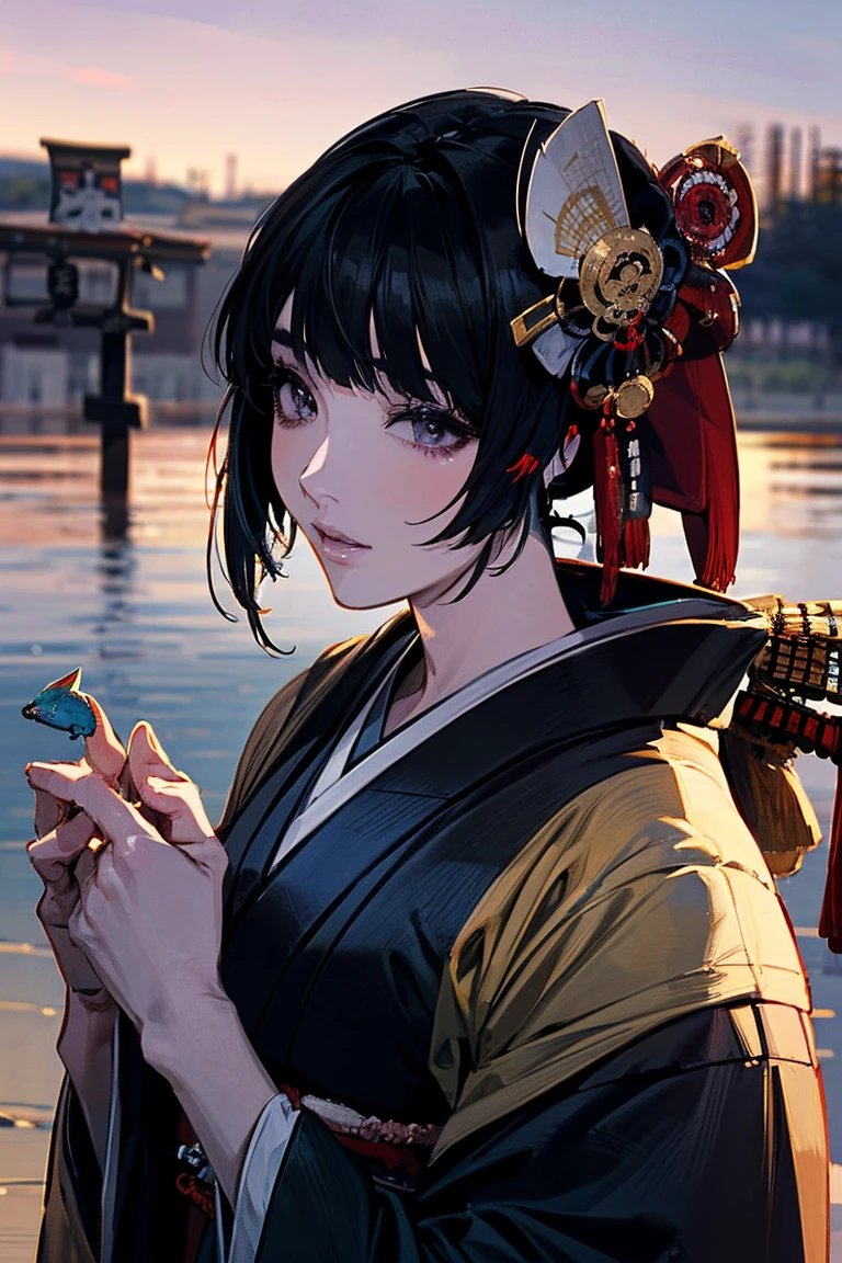 (masterpiece:1.5),beautiful hair,Beautiful Eyes,beautiful lips,Beautiful slender body,Big Breasts,cleavage,(Konno Anna:1.2),(Riho Yoshioka:1.1),(in the Imperial Court:1.3),(Riverside:1.4),bust illustration from the front ,((((An Extraordinary Beauty:1.7)))),(((( kimono,jacket,Taisho Romance:1.5)))),((19-year-old single woman holding a fish in her hand:1.1)),(accurately depicted anatomically correct hands:1.1)black hair,long lashes,Three-dimensional, jewel-like eyes,Very delicate and beautiful CG,2. 5D illustration, anatomically accurate body, (very precise illustration:1.1),(Outdoors:1.4), (wallpaper:1.4),8k