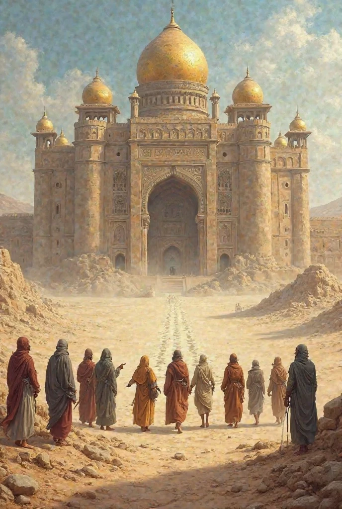 In a vast, desolate ancient land painted in an earthy, historical style, a single majestic palace stands tall — its golden domes, carved towers, and intricate stonework glowing under the sunlight. The land around is empty and barren, with dry cracked earth and scattered old stones, emphasizing the loneliness of the grand structure. In front of the palace, a group of 10 to 12 villagers — dressed in worn traditional clothes, barefoot, some holding walking sticks — stand in silence, gazing at the majestic palace in awe. Their expressions show amazement, disbelief, and admiration. The wind blows gently, lifting dust around their feet as they whisper among themselves, pointing toward the grand palace. There are no other buildings, no homes, no trees — just the grand palace and the humble villagers in this timeless, painted scene filled with contrast between simplicity and royal magnificence.