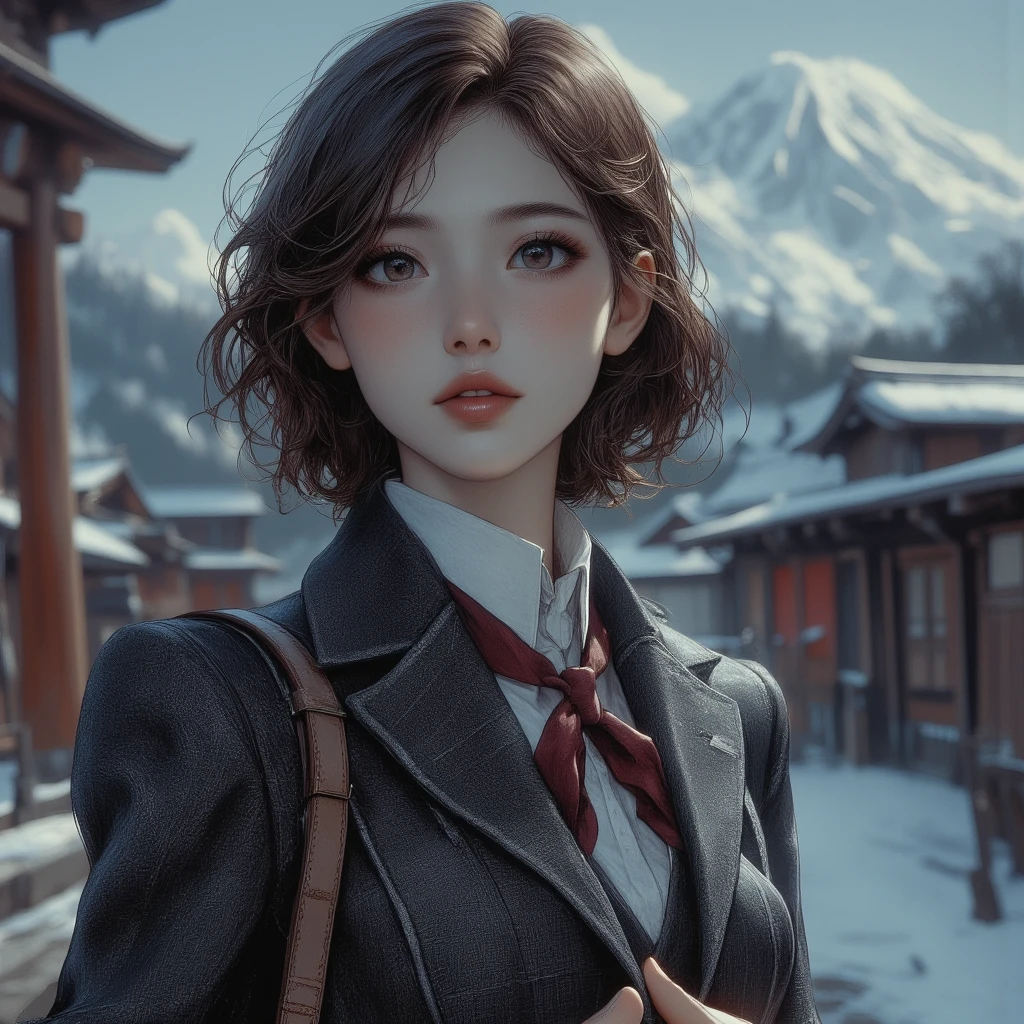best quality, masterpiece, New Year, (gently smiling:1.5),((18 years old:1.7)), ((dark gray all over the top and bottom、 ready,No sagging、Wrinkle-free 、Neat uniform:1.7)), ((well-balanced body:1.6)), (Japanese-junior-high-school-dark gray all over the top and bottom制服-blazer-uniform:1.5), Small reddish bow tie, with a school bag, ((too much smile)), very cute, face, head and waist fully visible, (soft eyes:1.2) 、 (one innocent and pure junior-high-school-girl:1.5) , (The image shows only the upper body:1.7), shrine background,(only one mount Fuji:1.3), ((winter)),(outdoors:1.5)