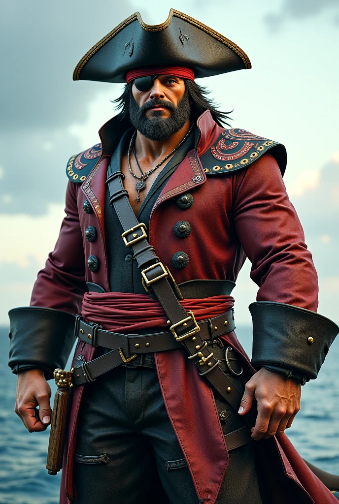 ((photoreal, 4K)), ((Ultradetailed)), Imagine a burly fat man ((blackbeard captain)) with a thick, unkempt black beard covering his lower face, revealing a wide, grinning mouth and ((crooked teeth when he laughs)). His eyes, often shadowed by heavy brows, hold a hint of cunning. He's draped in an iconic, ((bright red captain's coat)), left entirely ((unbuttoned)), exposing his ((ample stomach)). Beneath the coat. With heavily tattooed arms and a menacing demeanor, he wields a ((jagged saber)) named "Lafitte," emanating an aura of ruthlessness and ambition