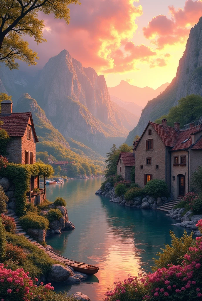 a small village by the river, mountains in the background, floral flowers colorful, detailed landscape, Beautiful natural landscapes, atmospheric lighting, scorching sunset, warm colours, practical, photopractical, Detailed Foliage, complex buildings, cobblestone street, Charming country house, swirly vibrant colors, lush vegetation, Still water reflections, Picturesque, idyllic, work of art, best qualityer, 8k, extremely detaild,anime styling