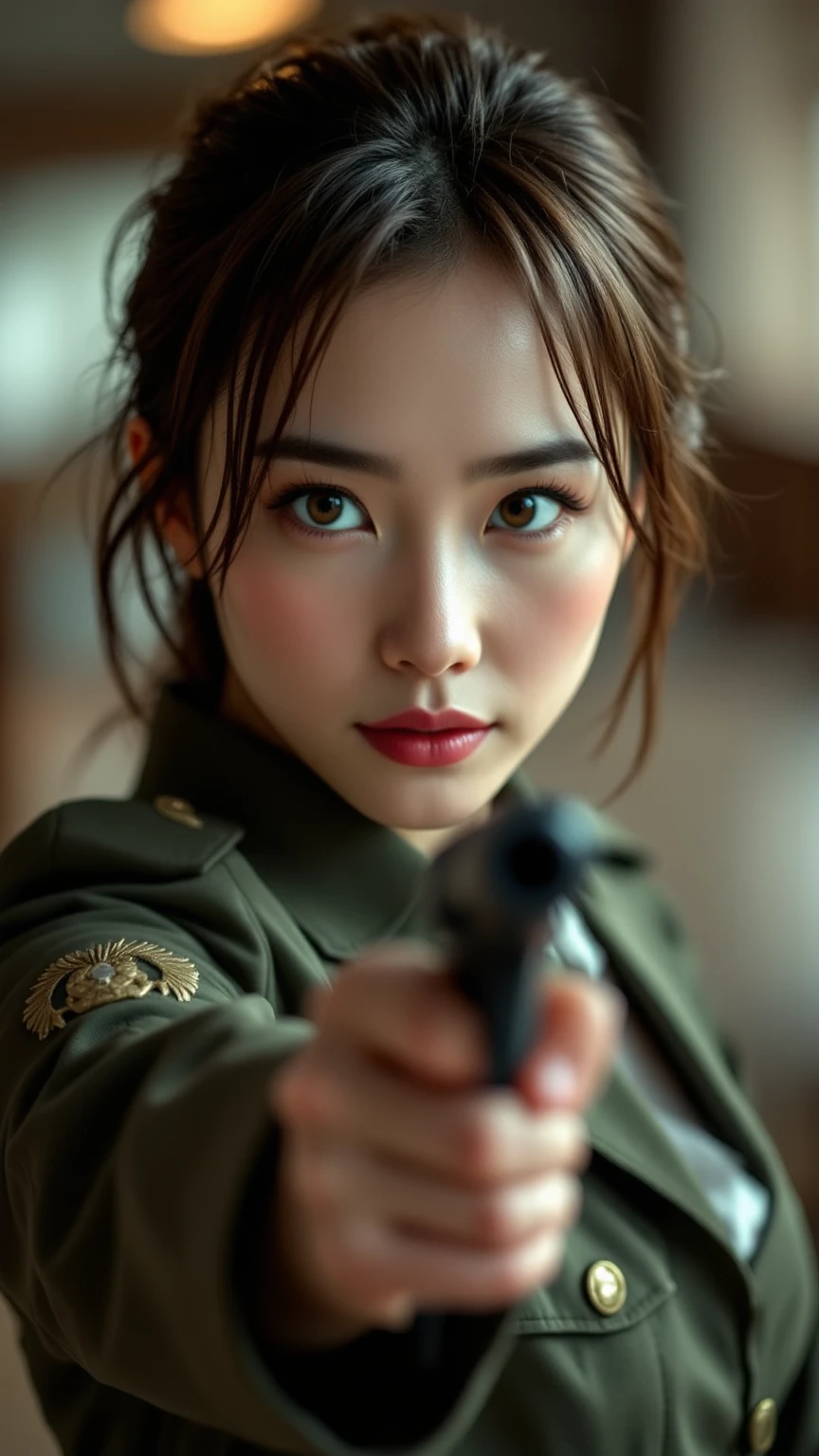 A woman wearing a military uniform doing formal training,Stealthless behavior,A sharp gaze like a sword,Brilliant movement,high res,Realistic,professional-grade,focused,Vibrant Color,HDR,studio lighting,Extremely detailed description,Magnificent scenery,elegant pose,sharp and focused expression,Brilliant action,Professional military training, Intense Atmosphere ,strong presence
