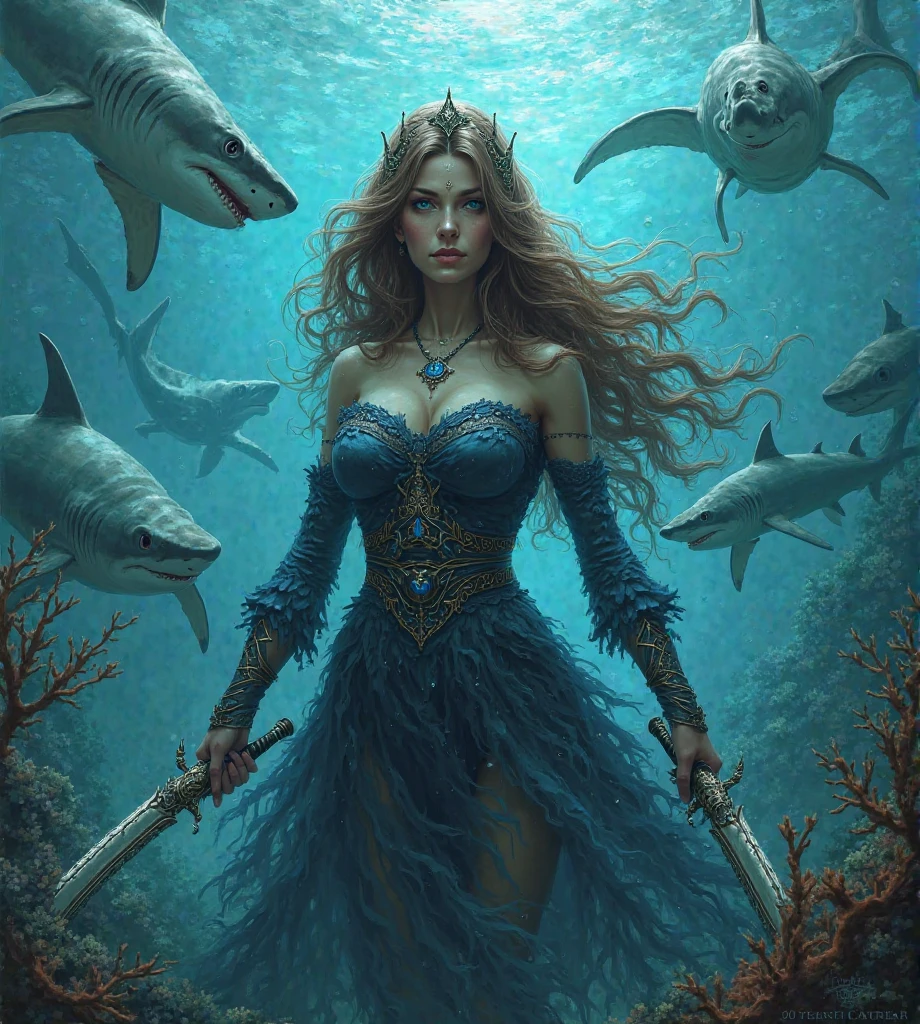 Give me an illustration of a woman with blue eyes and long brown hair, underwater surrounded by white sharks and marine vegetation and weapons in clothed hands
