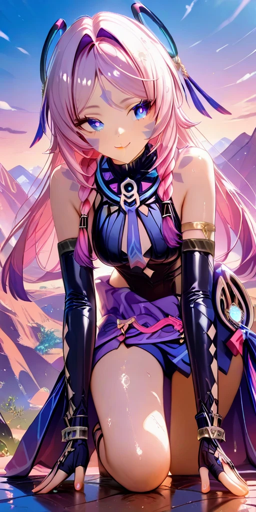 Close-up of a woman with colorful hair and necklace, anime girl with cosmic hair, Rossdraws' soft vibrancy, Gouviz-style artwork, fantasy art style, colorful], vibrant fantasy style, Rossdraws cartoon full of energy, cosmic and colorful, Guweiz, colorful digital fantasy art, stunning art style, beautiful anime style, white skin, night coat, hands behind head