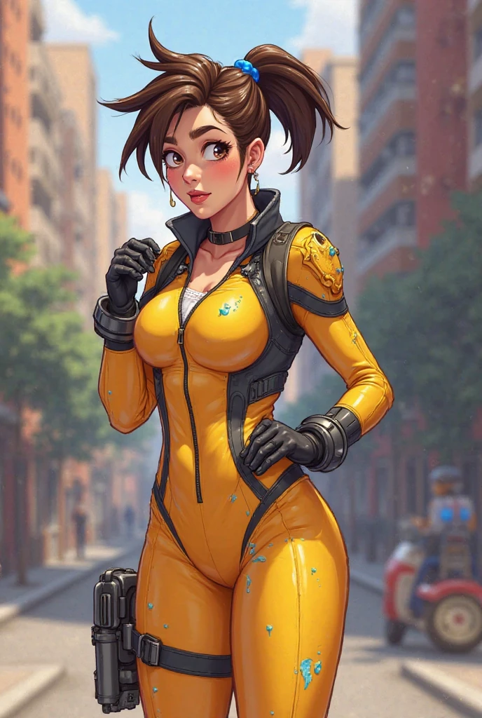 Mechanica,brown hair,ahoge,short hair,purple eyes,
bodysuit,fingerless glove,yellow gloves,
standing,upper body,
wires,oil,indoors,
(insanely detailed, masterpiece, best quality),solo,<lora:Mechanica:0.8>,