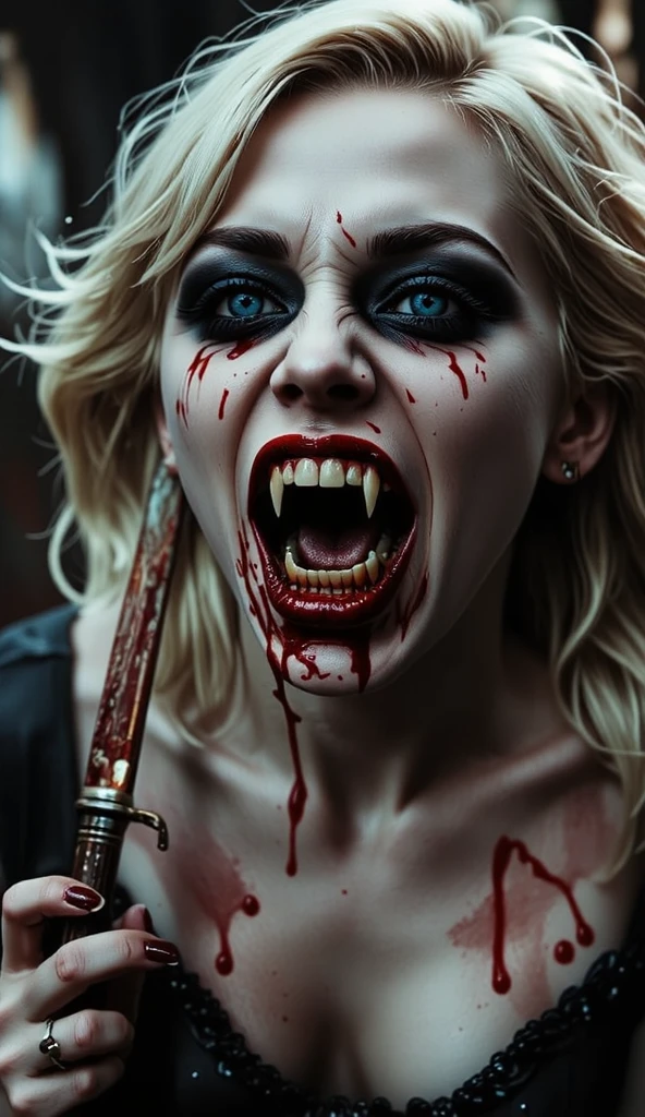  (age 25)  psycho ex girlfriend  (crazy makeup, long messy hair, strappy tattered lingerie, jagged tools), smile teeth showing, large crazy eyes, blood spattered bedroom, blood splattered over body,
