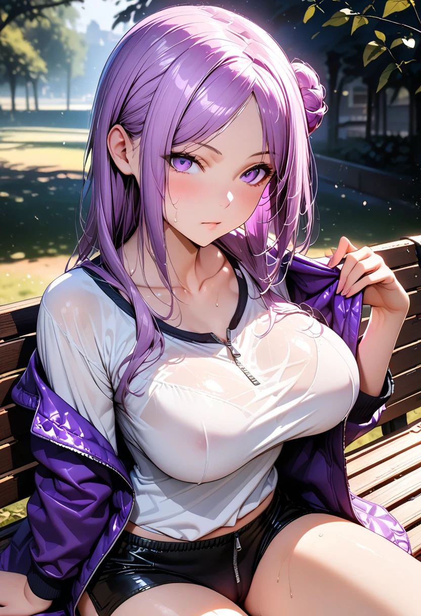 (masterpiece), (realistic), (best quality), (ultra-detailed),  amazing, girl, gyaru, 18 years old, full body, purple hair, long hair, curly hair, dark skin, shiny skin, eyelashes, lower eyelashes, thin eyebrows, big breasts, slender weist, smile, beautiful eyes, blue eyes, jewel in the sparkle galaxy, put sunglasses on her head, heart shaped sunglasses,
music festival, grass field, place with lots of people, crowded place, sexy bra, short denim, sneaker, (masterpiece), (best quality) , sunlight, summer, wet, shiny skin