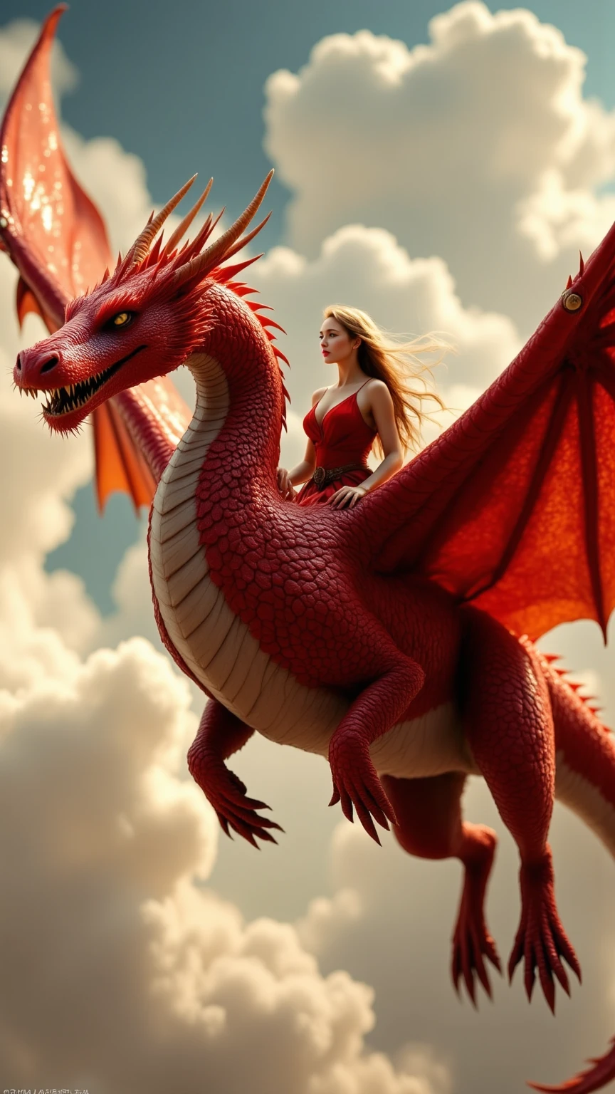 A woman rides a very large red dragon like a mobile wagon,The ...