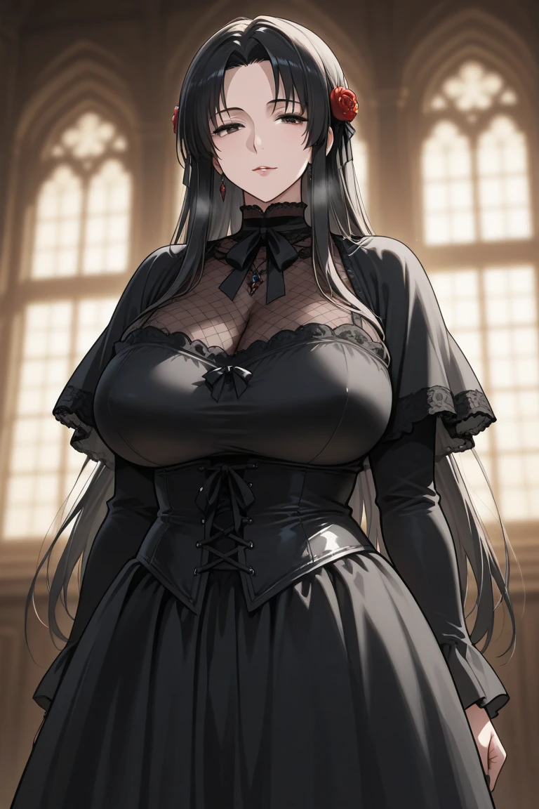 A beautiful and elegant woman in her late 30s with long, flowing dark hair and captivating black eyes. She is dressed in a sophisticated, high-end medieval gown similar to the one in the provided image, with a black and white color scheme, intricate details, and a striking amethyst brooch at the collar. She also wears black stockings that add to her allure. She stands in a grand, opulent castle chamber, with an aura of confidence and authority. The room is adorned with lavish tapestries, antique furniture, and a large window with a view of a serene medieval landscape. Her expression is one of intelligence and determination, yet there is a hint of warmth and allure in her gaze.
