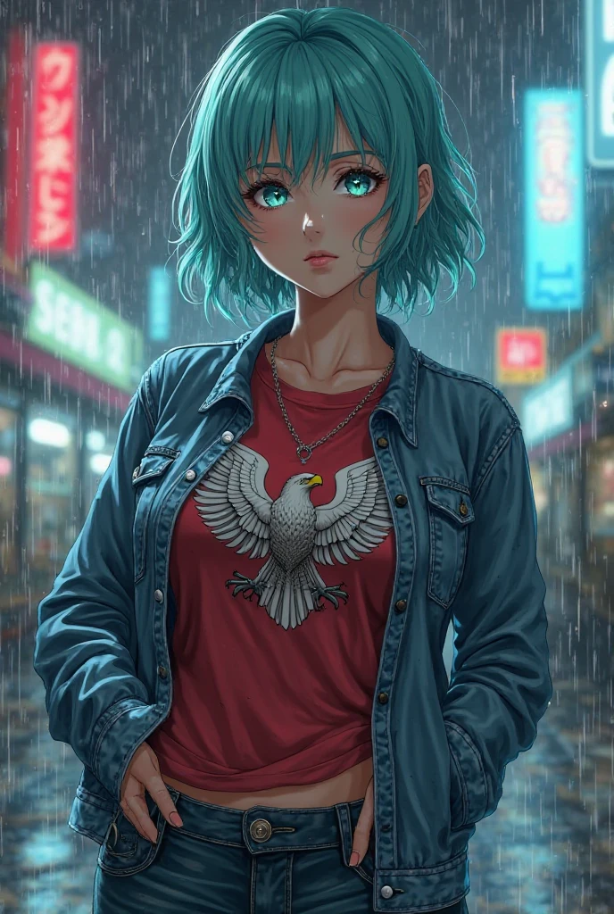 Draw an anime Robotech busty massive  human female civilian with short wavy  Aquamarine hair and glowing Aquamarine eyes in a denim jacket with a red T-shirt with an Eagle. Standing in the rain