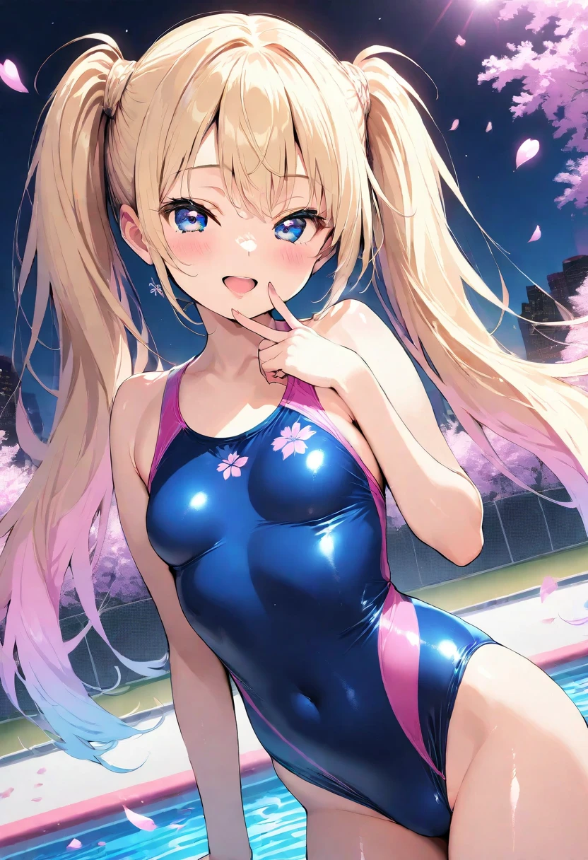Blonde,Twin tails,Ribbon hair ornament,Pink ruffled leotard,Pool