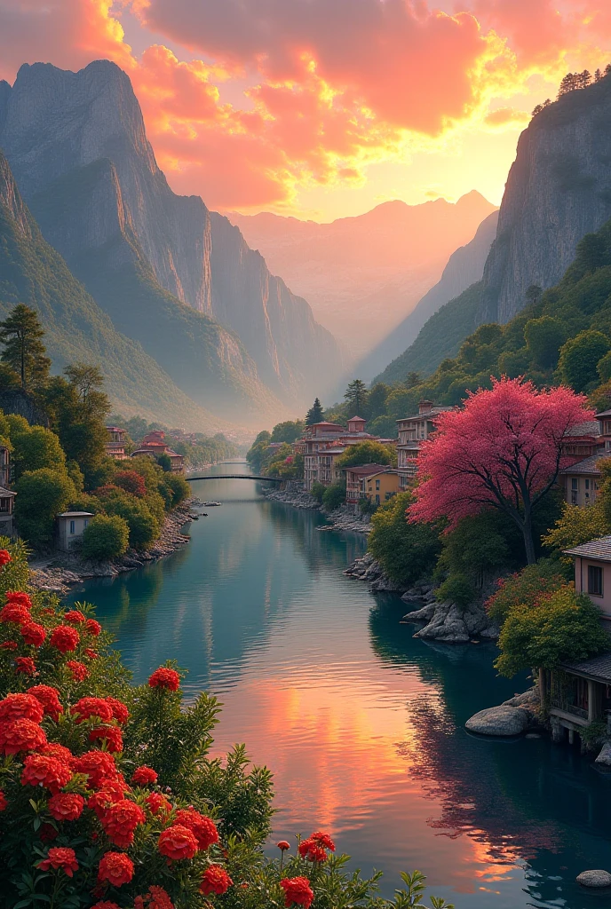 A small town by the river, mountains in the background, colorful floral flowers, detailed landscape, beautiful natural landscapes, atmospheric lighting, scorching sunset, warm colors, practical, photographic, detailed foliage, complex buildings, cobblestone street, charming country house, vibrant colors, lush vegetation, reflections in the water,  picturesque, idyllic, artwork, photos, 8K, style, anime style