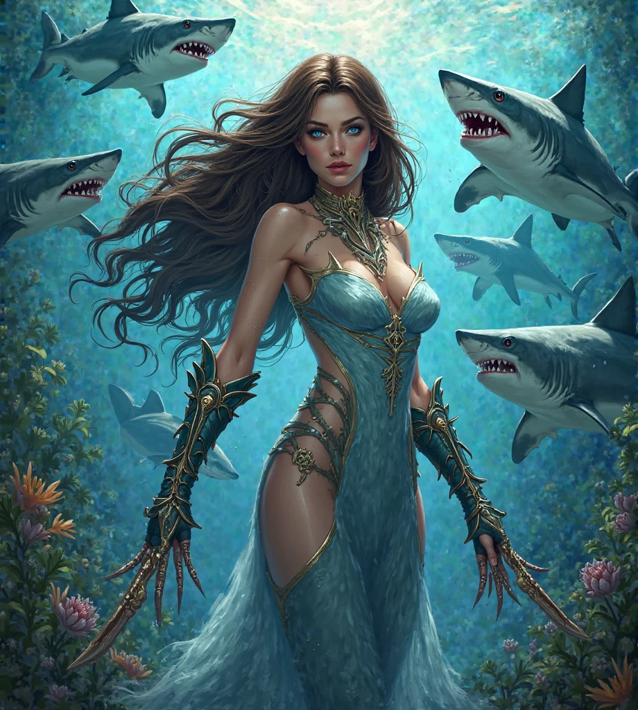 (exquisitely detailed CG unity 8k wallpaper, masterpiece-quality with stunning realism), (best illumination, best shadow), (best quality), deep-sea exploration in a vast coral reef, swimming with giant fish and colorful sea creatures, surrounded by glittering undersea plants, the fantasy world under the dark blue ocean.