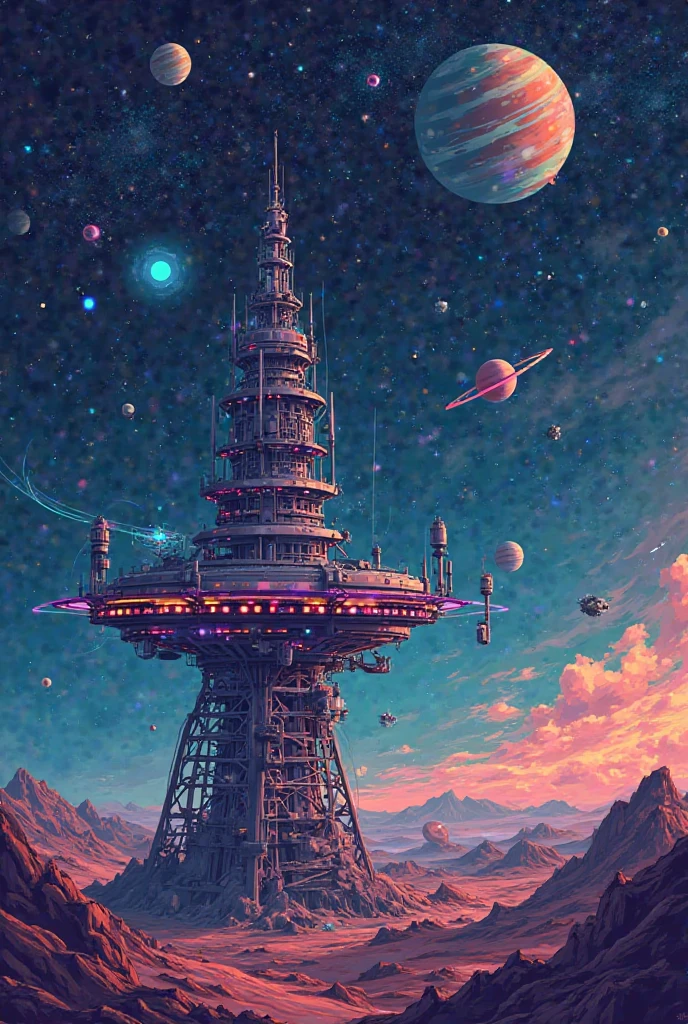 Space station sending radio signals to different planets in the galaxy cartoon image