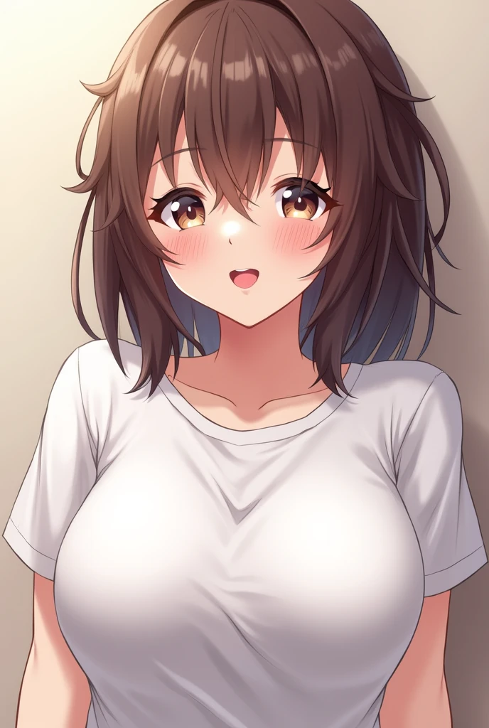 (head shot:1.2), (from above:1.2), frame in, from right in front of face and body, view straight on, upper body, High quality, very high res, High quality, very high res, cute girl, brown hair, forehead, blunt bangs, bob cut, blush, Brushed up bangs, wearing a plain t-shirt, shirt lift, medium breasts, pale pink nipples, I can see your belly button, (kneeling down pose), fellatio, pleated skirt, at office