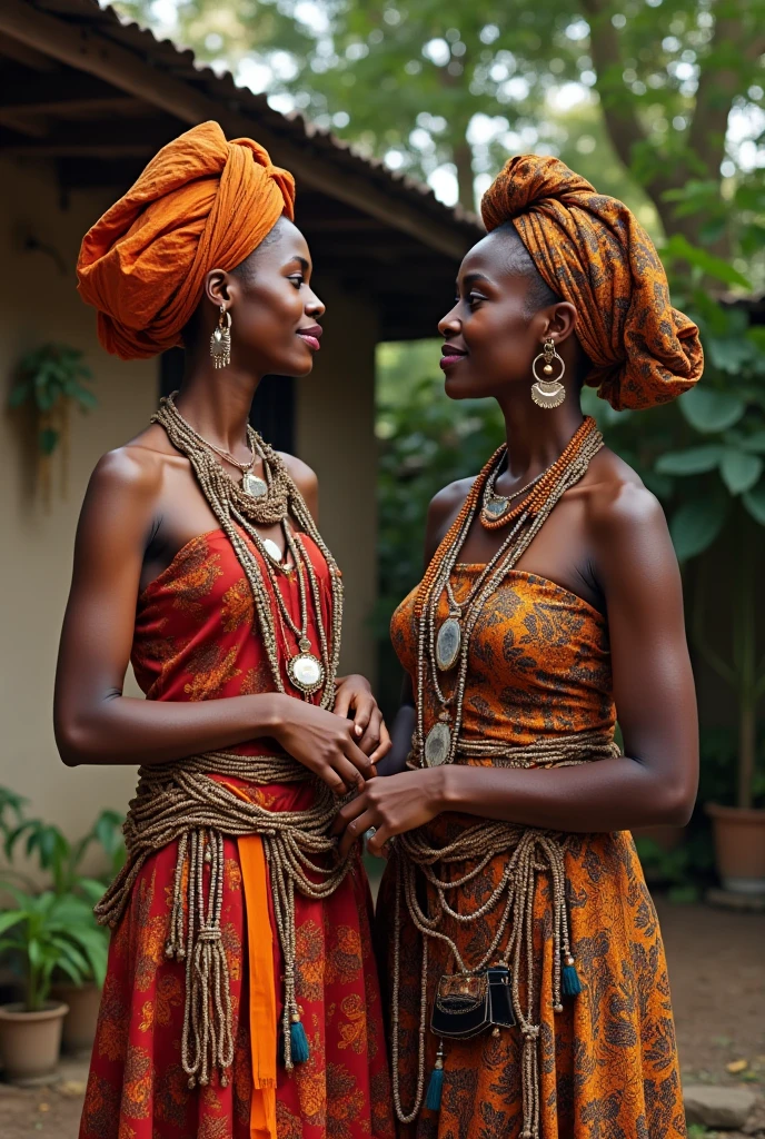 A Full photo of two black African woman standing facing me, Beautiful damsel,(African tattoo:1.2), body shining, world best fashion, African jewelries, Best fashion, African colourful background, pronounced feminine feature, insane details, perfect fingers, Perfect eyes, perfect eyes looking, intricate details, hyperdetailed, African background, medieval tavern, Indoors , detailed shadows, indoor hasselblad X2D 100c, hasselblad XCD 80mm f/1.9 lens depth of field, bokeh,film grain, sharp focus, 8k, UHD, HDR, high-res, absurdres, Award winning photography, best composition, perfect eyes, perfect face features, well detailed, perfect eye looking,