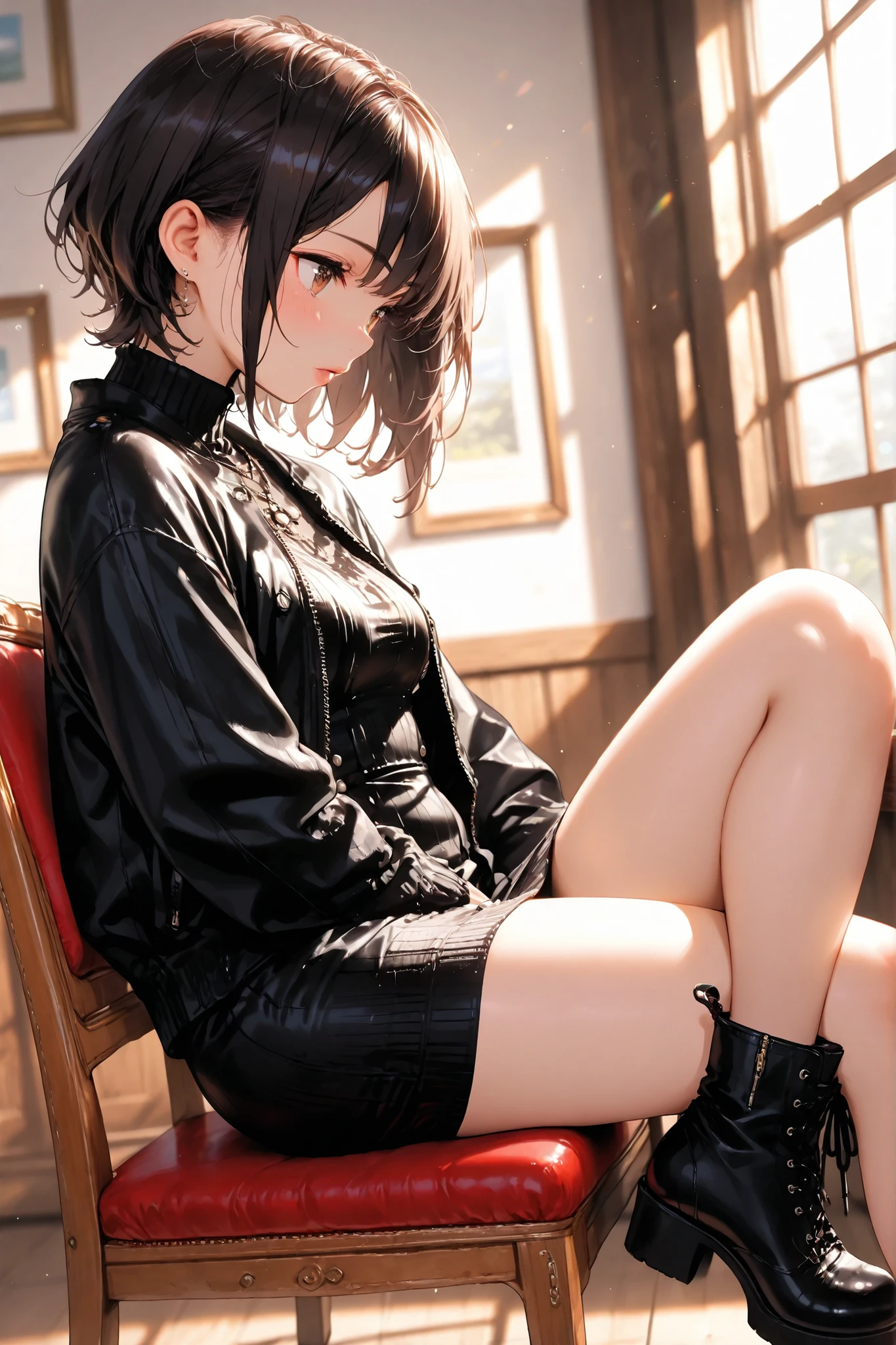 masterpiece,best quality,very aesthetic,absurdres.1girl,short hair,sitting on chair,black jacket,black knit dress,tight skirt,mini skirt,long sleeve,high neck,ankle boots,digital art,upper body, dutch angle,from side,depth of field,