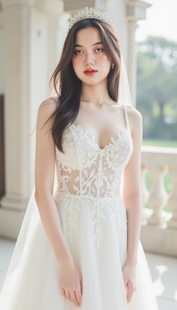 A full body, full shot, detailed and detailed extremely beautiful slender graceful sexy bride, in a red-black wedding dress with intricate lace patterns and sparkling Swarovski crystals and a beautiful long black veil with intricate patterns, stands in the shade among the columns of a beautiful building, a beautiful side soft daylight falls on her, forming a light and shadow in the center of the body on the face and body, the bride holds the wedding dress with her hands, the pose is beautiful sexy with s-shaped curves of the body, shoes on a red stiletto heel with intricate patterns, the bride’s face is European ideal beautiful proportions neat facial features, eyes bright green-blue eyelashes long and fluffy, body type of the bride endomorph slender and graceful height 175 cm, legs slender and longer than the body in proportion, hands graceful in precious jewelry, on the bride’s head a wedding tiara with beautiful diamonds, skin natural detailed, skin pores, skin natural shine, skin color perfect, cheeks slightly rosy, detailed and detailed wavy long light hair to the knees beautifully loose, lighting side daylight soft, hyper detail, sharp focus, hyper photorealism, hyper naturalistic, style Jerry Ghionis