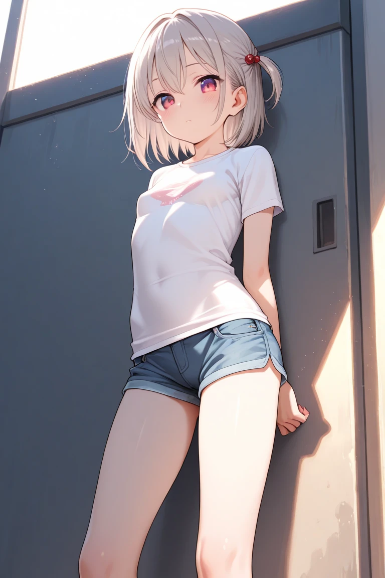 Short tank top white,Denim shorts,bob cut,short bangs,underboob