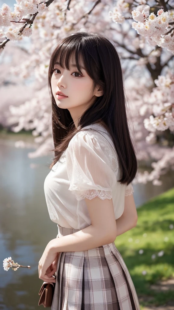 A 1 Japanese girl amidst blooming sakura (cherry blossom) flowers. She should have a youthful and serene beauty, with soft, delicate features that highlight her age. Her hair is styled elegantly, perhaps with a few sakura blossoms tucked into it. She is turned slightly, giving a graceful profile view while her gaze is directed towards the viewer or slightly downward, capturing a gentle and introspective expression. The sakura flowers should be in full bloom around her, with petals softly falling and creating a dreamy, ethereal atmosphere. The background should be a blur of pink and white blossoms, adding to the overall feeling of tranquility and natural beauty.