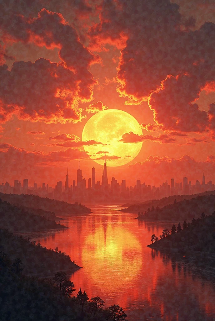 Create a realistic sunset with a silhouette of a city in the background