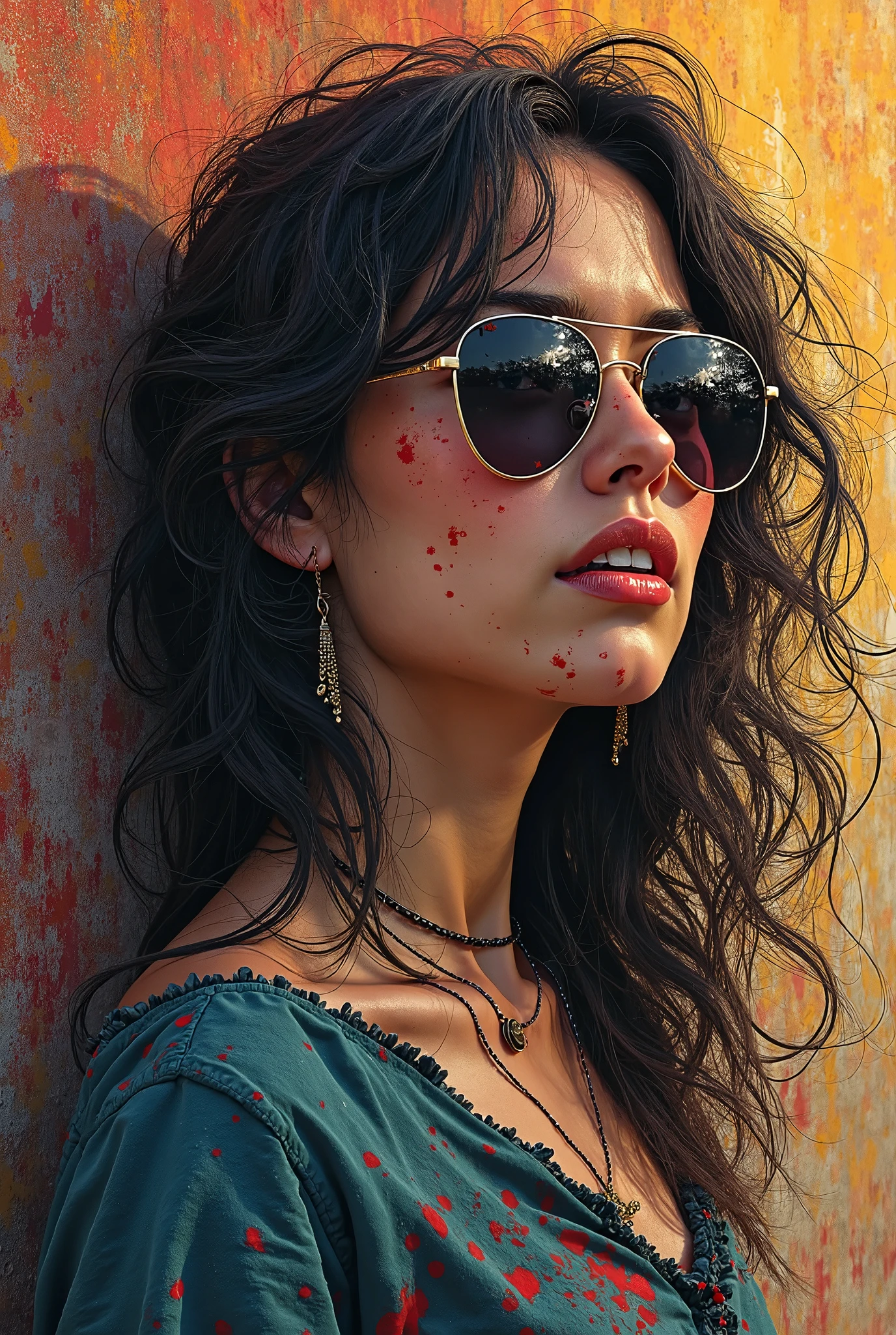  girl wearing sunglasses  ,   in dynamic composition  ,  subtly artistic casual pose,  airbrushing and graffiti technique ,   Jose Royo style  , Boris Vallejo,   Carne Griffiths  , Vadim Kashin, Alyssa Monks, Brian Froud, Mike Deodato  ,  atmosphere of darkness and horror , dramatic light, Very detailed,   filled with hidden details  , hyperrealistic,   wallpaper-style portraits  ,   bold and colorful graphics  ,   realistic attention to detail  , Very detailed and colorful realism, agreement, 8 thousand.