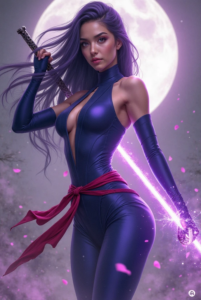 A stunning female ninja warrior inspired by Psylocke from the X-Men, shown in a powerful and elegant pose. She has long, flowing violet hair that moves slightly with the wind, and sharp, graceful Asian facial features with intense violet eyes. She wears a sleek, tight-fitting indigo-purple ???????? cut high at the ????, sleeveless, with matching dark blue wraps around her arms and thighs. A crimson red sash is tied around her waist, its ends fluttering dramatically. Her body is athletic and agile, exuding both grace and strength.

She stands with one leg slightly forward in a dynamic stance, from the knees up. Her right hand is raised diagonally across her body, holding a glowing psychic katana made of pure violet energy, with crackling psionic effects. Her left hand rests near her hip, fingers relaxed, giving balance to the pose. Her expression is focused yet calm — a deadly beauty. The background is a dreamy fusion of moonlight and mist, with a hint of cherry blossom petals drifting through the air, giving the image a soft, ethereal atmosphere.

