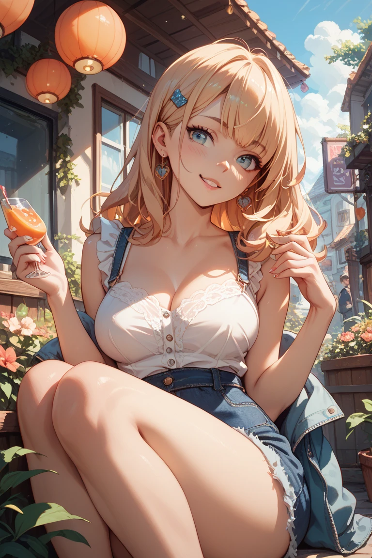 Highest quality, masterpiece, Adult women,happiness/joy, smile, In town,Blonde,Large Breasts, A seductive smile, Off-the-shoulder clothing,Tight jeans,Heeled Sandals