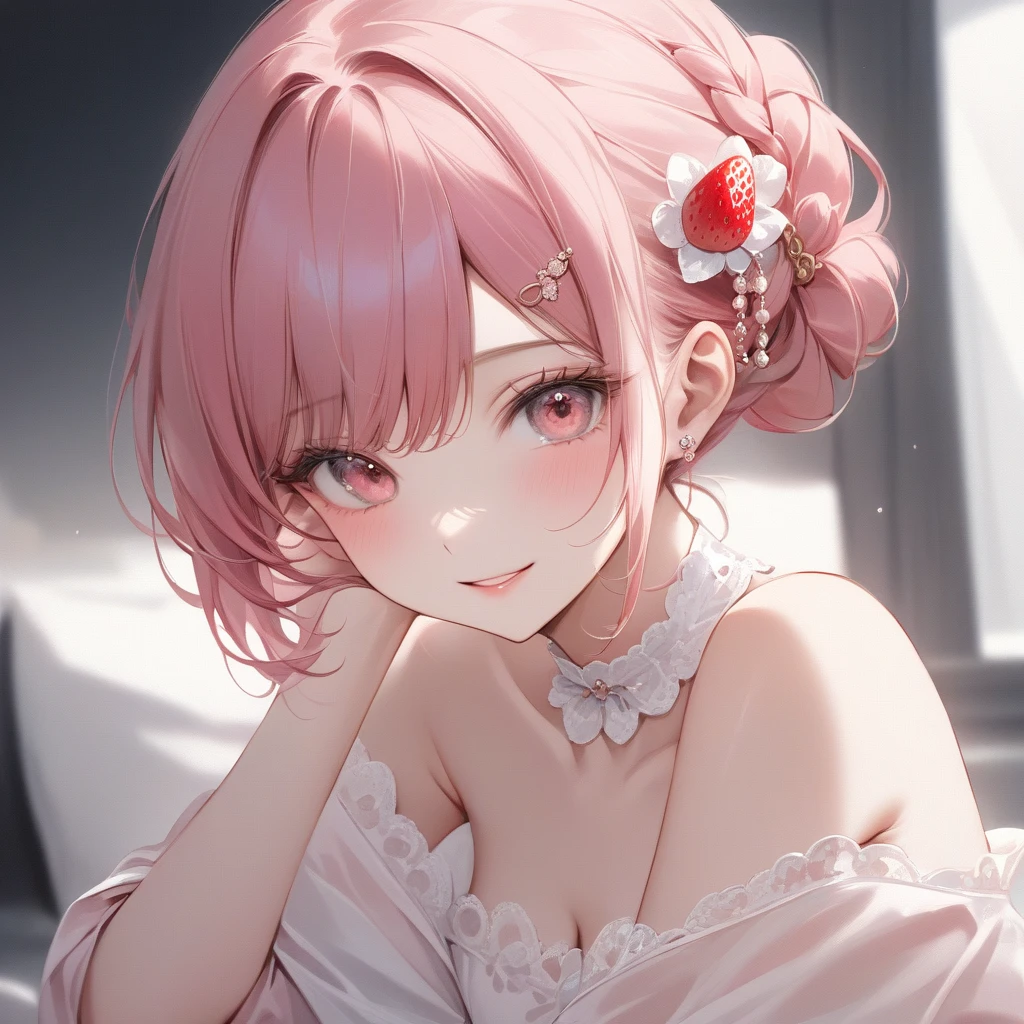 high resolution,smile,woman,woman1人,adult,Clear,cute,Put your hand on your cheek, blunt bangs,Pink Hair,BREAK, Pink eyes,BREAK, White blouse,Pink checkered pleated skirt,BREAK, Heart Hairpin,Ring of Hearts,Lace choker,BREAK, Facing forward,Sparkling,dreamy,BREAK,Background white,