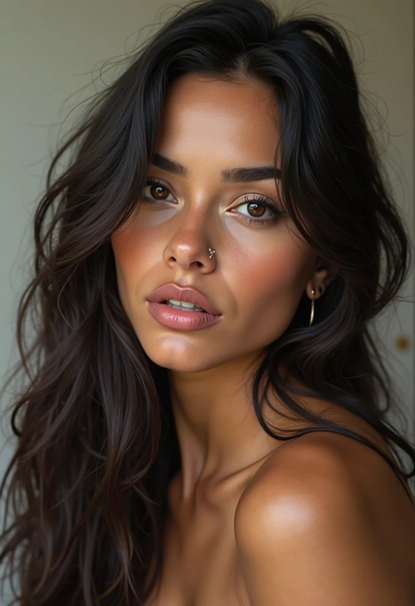 Jeune de 20 ans latina , réaliste , yeux marrons long cheveux noir bouche pulpeuse qui se ferme , grain de peau humain