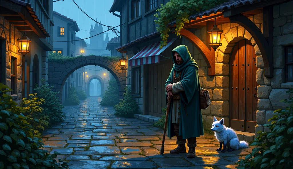 A weary traveler draped in a dark green hooded cloak stands quietly beneath a flickering iron lantern. The hood casts a shadow over his face, but his eyes glow faintly with curiosity and wisdom. A satchel hangs at his side, slightly worn from years of journeying. In his right hand, he holds a weathered walking staff carved with ancient runes, and in his left, a rolled-up parchment map. His stance is relaxed, one foot slightly forward, as if he’s just paused mid-step to listen to the rain. He stands near the edge of a narrow cobblestone street, water pooling gently around his boots.

Additional Characters:
Across the street, under the small arch of an old stone bridge, a gentle-looking spectral fox watches him. Its translucent fur shimmers with pale blue and violet hues, reflecting the lantern light in glistening droplets. The fox lies curled but alert, ears perked as if listening. Its presence feels calming and otherworldly, like a silent guardian or companion waiting to be acknowledged.

Setting:
A quiet, rain-soaked alleyway in an old fantasy city during the blue hour—just after sunset. The cobblestone streets are slick and glistening with fresh rain, reflecting warm light from scattered lanterns and the windows of nearby wooden and stone buildings. Moss creeps between the stones, and ivy clings to the cracked walls of old homes. An aged fountain trickles softly in the background, its edges worn smooth by centuries of touch. A closed market stall with a striped cloth awning leans gently under the weight of the rain. The scene feels like the city is holding its breath between moments.

Lighting and Atmosphere:
The soft drizzle creates a curtain of shimmering droplets illuminated by the warm orange glow of oil lanterns. Gentle steam rises from the ground where the rain meets residual warmth. The overall mood is serene and reflective, with a hint of melancholy and adventure. The ambient sounds—if this were animated—would be the soft patter of rain, the occasional d

