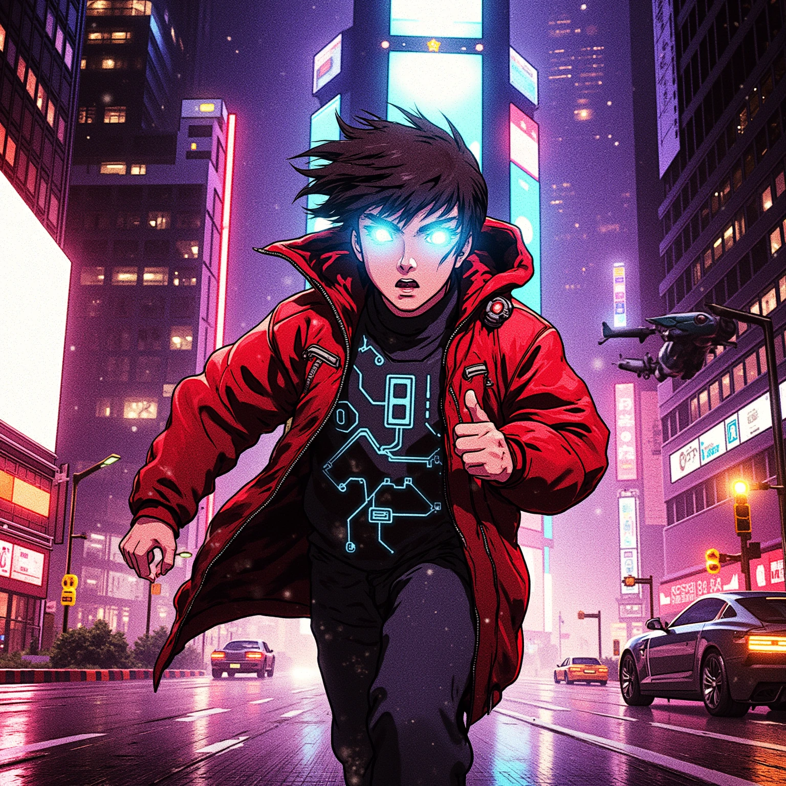 A dynamic digital artwork of a young boy wearing a sleek red high-tech coat with glowing blue circuitry patterns, running through a futuristic city avenue at night. The cityscape features towering skyscrapers with neon holographic billboards, reflective rain-soaked streets, and flying vehicles. His eyes emit a bright blue glow, casting light on his determined face. The coat has a metallic sheen with subtle biomechanical details, and his movement creates a sense of speed with motion blur. The scene is illuminated by vibrant purple and cyan lighting, with a mix of cool and warm tones to enhance the cyberpunk atmosphere.  