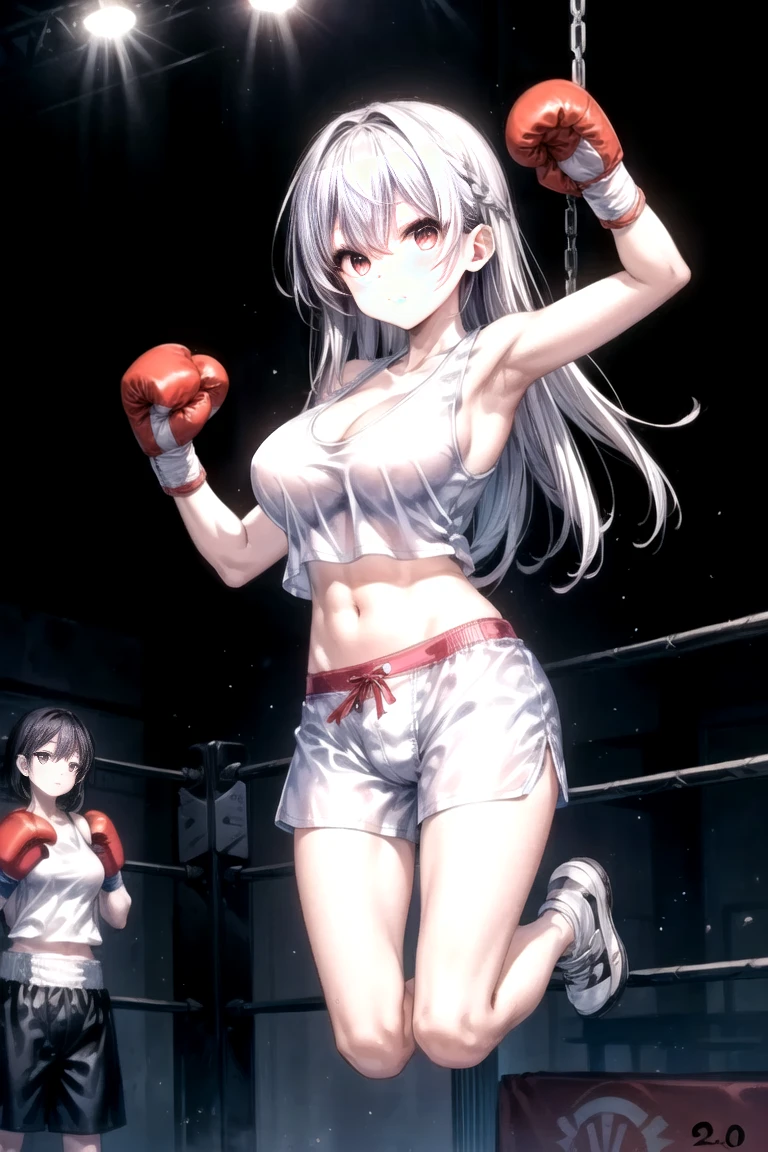 full body photographed、​masterpiece、top-quality、hight resolution,silber hair、short-hair、weak、High leg cut swimsuit、white sporty boots、Sweaty skin、Professional wrestling venues、professional wrestling、（（On the ring of professional wrestling：1.1））、Red face、yo girl,（(on stomach：1.2））、 Crying、Scream、Mouth open、knockout、syncope、vomiting、anguished expression、agony、steam