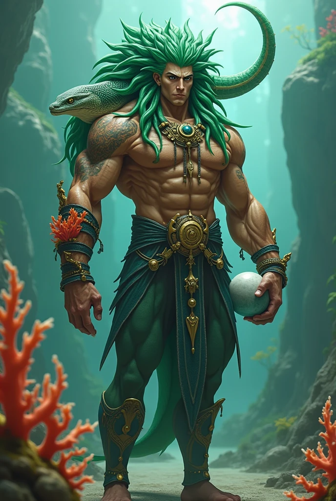 League of legends style, dark blue dreadlocks in the shape of tentacles, ancient warrior clothes, emperos clothes, masculine, young man without many muscles, no beard, human ears, white clothes, pingente de joia amarela no pescoço, roupa que mostra o corpo