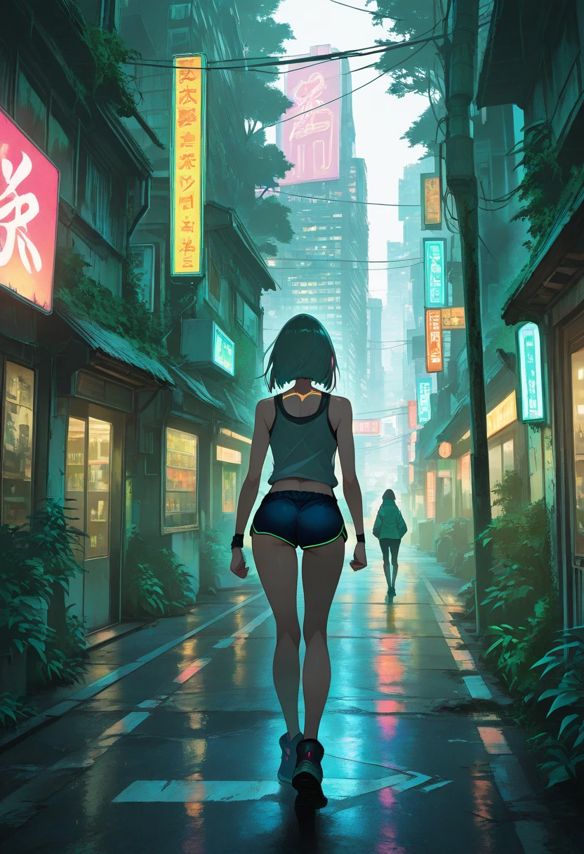 a sexy woman walking down a street in a city with tall buildings, tanktop, micro dolphin shorts, forest city streets behind her, cyberpunk hiroshima, cyberpunk in foliage, post apocalyptic tokyo, tokyo - esque town, set in post apocalyptic tokyo, overgrown city, japanese city, cyberpunk streets in japan, in a tropical and dystopic city, japanese town, ancient city streets behind her, japanese street, absurdres, masterpiece, best quality,