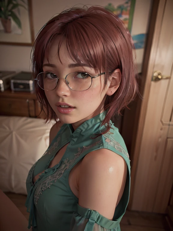 short player, red hair, green eyes, glasses on her face with diopters in a metal frame, green dress, smile, s. (masterpiece, top quality, better quality, formal art,  beautiful and aesthetic:1.2), extremely detailed,(fractal art:1.2),Colorful,The most detailed. ((elegance. photorealism. Unreal engine.  3D model. Ultra high quality textures. high detail.  8k resolution))