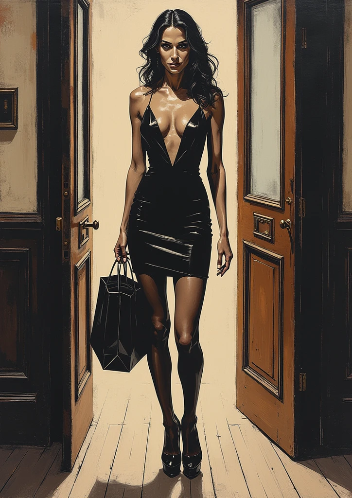 Impresionist primitive Oil painting. A high angle, floor level view of an beautyfull elegant 30 year old european women towering above the viewer, her high heels filling up the foreground. She is looking down at the viewer with an alluring smile, exuding confidence and superiority. She wears a minimalistic yet elegant dress and nylon stockings and platform heels. Indoor setting. She stands with shopping bags in the front door. Fisheye lens, dramatic, cinematic, painting, brush marks,  best quality, ultra sharp image, 4k