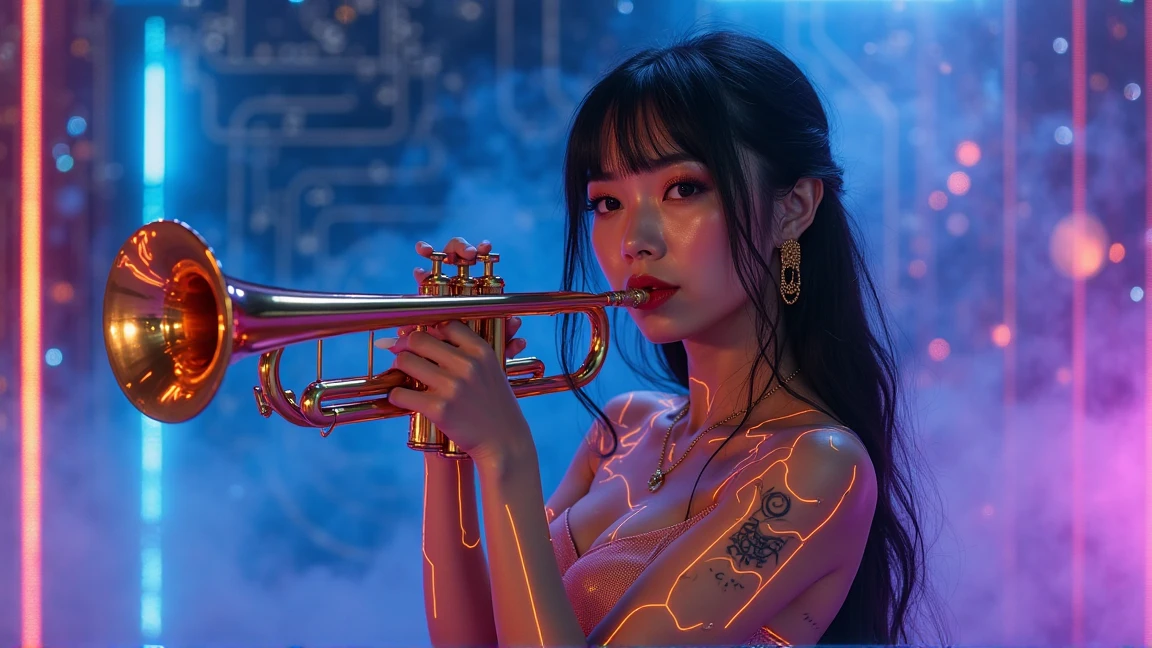 A woman is playing a saxophone。asian、Late 20s、ON A YOGA MAT ON THE FLOOR、Red Lip、red velvet and lace bodysuit、black tights、Medium、posing in a light and confident position、touching hands and stroking hair、facing the front while leaning slightly to the left、attitude to show、Brighter skin tone、sexy and elegant atmosphere、decorative bodysuit、stunning fashion、High sensitivity。
「Virtual future。the unmanned DJ booth inside the airship。the hologram panel flashes、the waveform of the house beat spreads through space。A sea of clouds can be seen from the window in the background、the fusion of trance and jazz is expressed by the movement of light。」