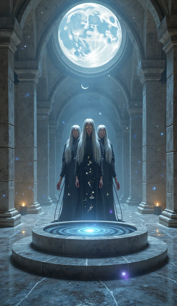 A mystical depiction of a goddess standing within an ancient lunar temple, where moonlight pours through circular openings in the stone ceiling. The temple is built from polished obsidian and pale marble, filled with floating reflections cast by still pools of water and curved mirrors placed around the room. The central figure appears as three joined feminine forms, each with long silver-streaked hair flowing like smoke, and calm glowing eyes fixed on a luminous basin at the center.

She wears layered dark robes embroidered with silvery constellations, softly illuminated by moonbeams and ambient mist. Symbols such as crescent moons, stars, serpents, and keys drift faintly in the air around her. The atmosphere is serene and mystical, with tones of cool silver, deep indigo, and violet shimmering through the shadows. 

Inspired by mystical realism, ethereal digital painting, ambient lighting, moonlit architecture, sacred geometry, reflective surfaces, ancient spiritual aesthetic, ultra detailed environment
