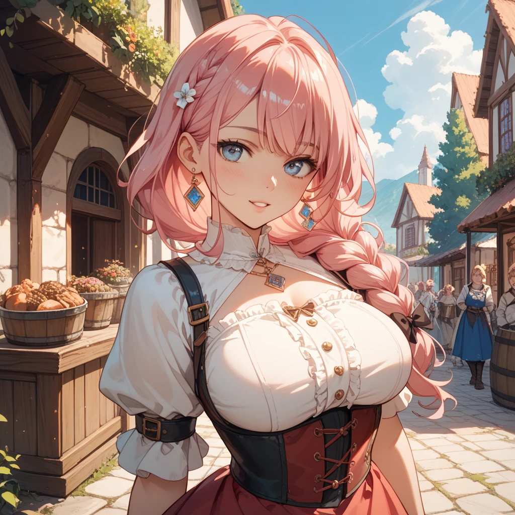 (Best image quality),masterpiece,8k wallpaper,One Woman,22 years old,Europe,((German folk costume)),Large Breasts,Cleavage,On all fours,Looking up at the audience,Captivating smile,Pink Cheeks,The background is a German village,Natural soft light,frontage,70 degree angle of view