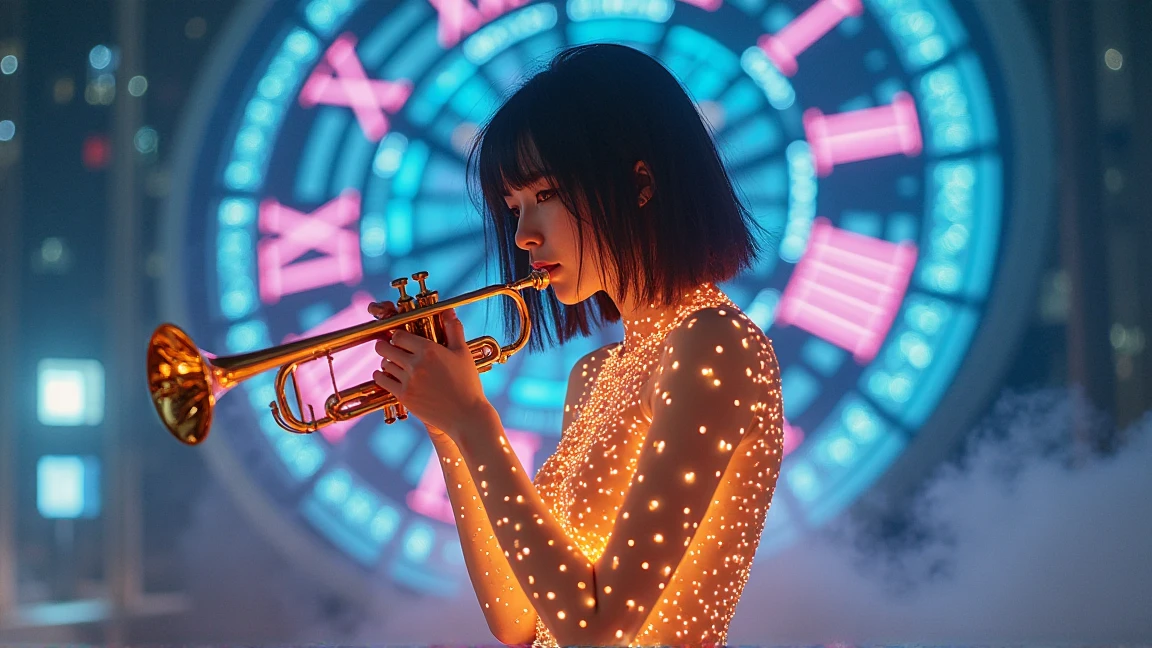 a woman playing a trumpet。Asian。In the streets of a city、I stand slightly to the left in the center。The skin is white and、from shoulders to lower abdomen、the orange light like a flame covers my entire body。glowing tiny particles adorn、it is designed like an electronic circuit or machine、skin。white skin tone and、the contrast created by the orange light is impressive。Like sticking to the skin、I wear a white costume like a bodysuit with a simple design、I have no accessories in particular。Quiet、I have a slightly serious expression。Hair is black、I have straight hair that is slightly below my shoulders、 fluttering in the wind 。has good proportions、it's a fantastic style。how the light shines on the person、 overall幻想的な雰囲気に満ちています。The composition is、the background is blurred to make women stand out、the body is slender and。 overall、it's sci-fi style and fantastic。
2087 year、Night in New Tokyo、The huge clock tower shines with blue and purple neon lights The light like a。the hands stop、fog covers the dial。transformer synth swirls and the silhouette of a、the house beat echoes from a distance。trumpet floats in a hologram、the melancholy of jazz drifts。
