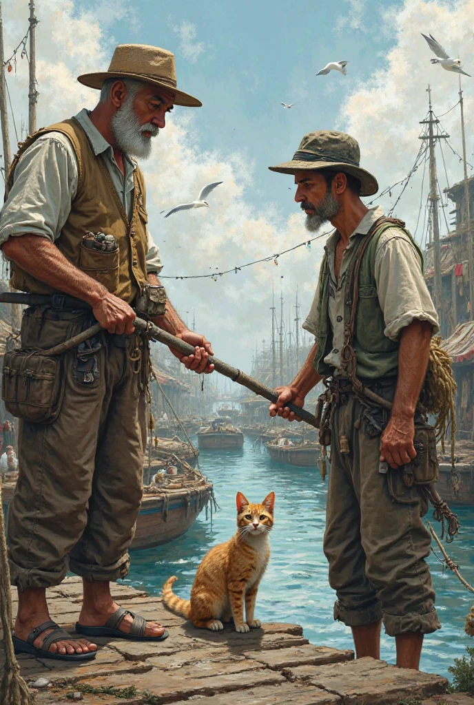 জেলেরা মাছ মারে বিড়াল দাঁড়িয়ে আছে