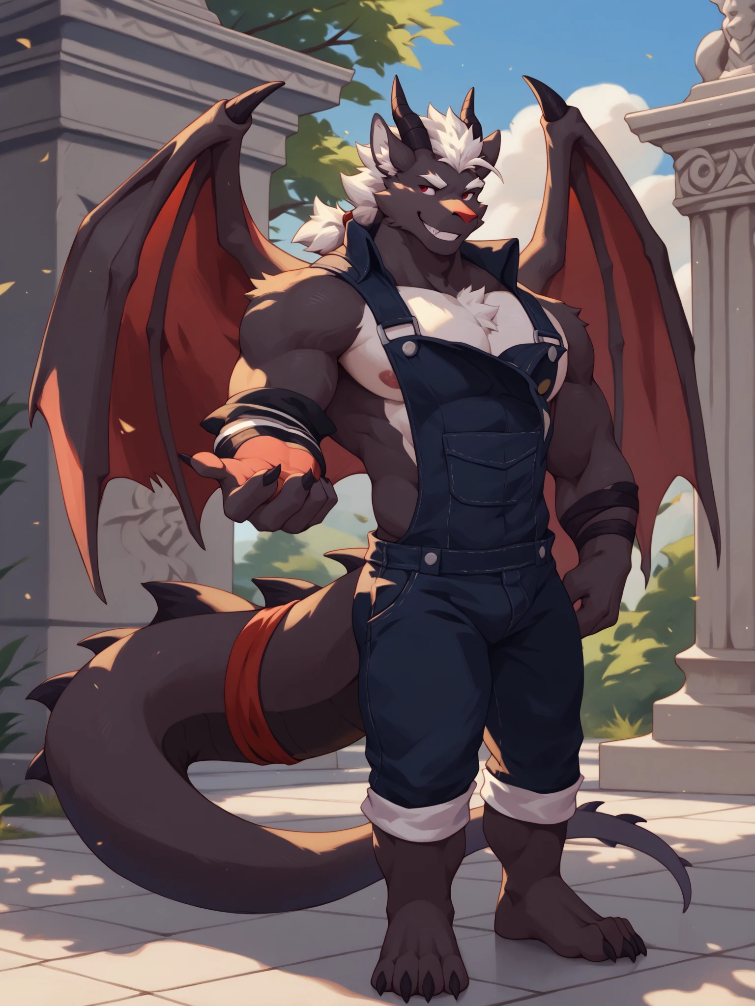 solo, male, (toned), (thin:1.5), (wide hips:1.5), tall, (narrow waist:1.5), sorcerer, (abs:0.8), (male anthro dragon:1.3), dragon skin, black body, white belly, (on knees):1.3, (kemono:1.4) (praying:1.23), (long loincloth, (thighhighs:1.3), long evening gloves, purple pattern:1.2), detailed eyes, dragon tail, horn, ((bust portrait)), (detailed eyes, blue eyes, glowing eyes):1.1, (outdoors:1.35), street lights, fire, fog, city, tavern in the background, night, (particles,  firefly, blue glowing):1.3, detailed background, photorealistic, realistic hands, 8k hd, (dark shadows, wide dynamic range, hdr, low light:1.2), by (by Pino Daeni, (by ruaidri), by virtyalfobo).on knees, mouth open, bulge,jock strap