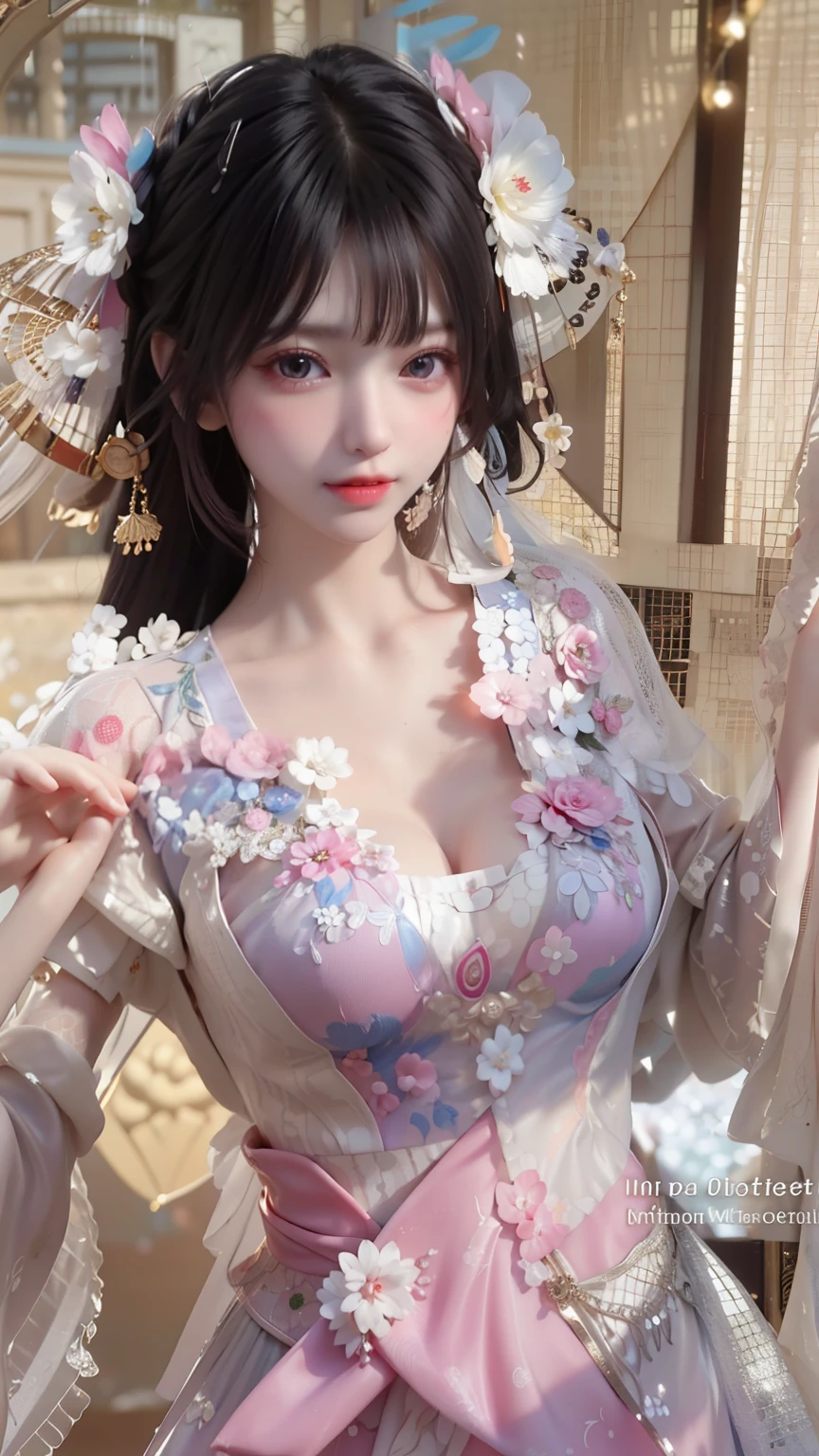 cute 21 year old japanese、super detailed face、Attention to detail、double eyelid、Beautiful thin nose、Sharp focus:1.2、Beauty:1.4、(bright茶髪、short cut hair、white skin、highest quality、bright、masterpiece、ultra high resolution、(realism:1.4)、((China dress style idol costume, cute and sexy costume with cute colorful frills and sexy slits on the costume):1.5),