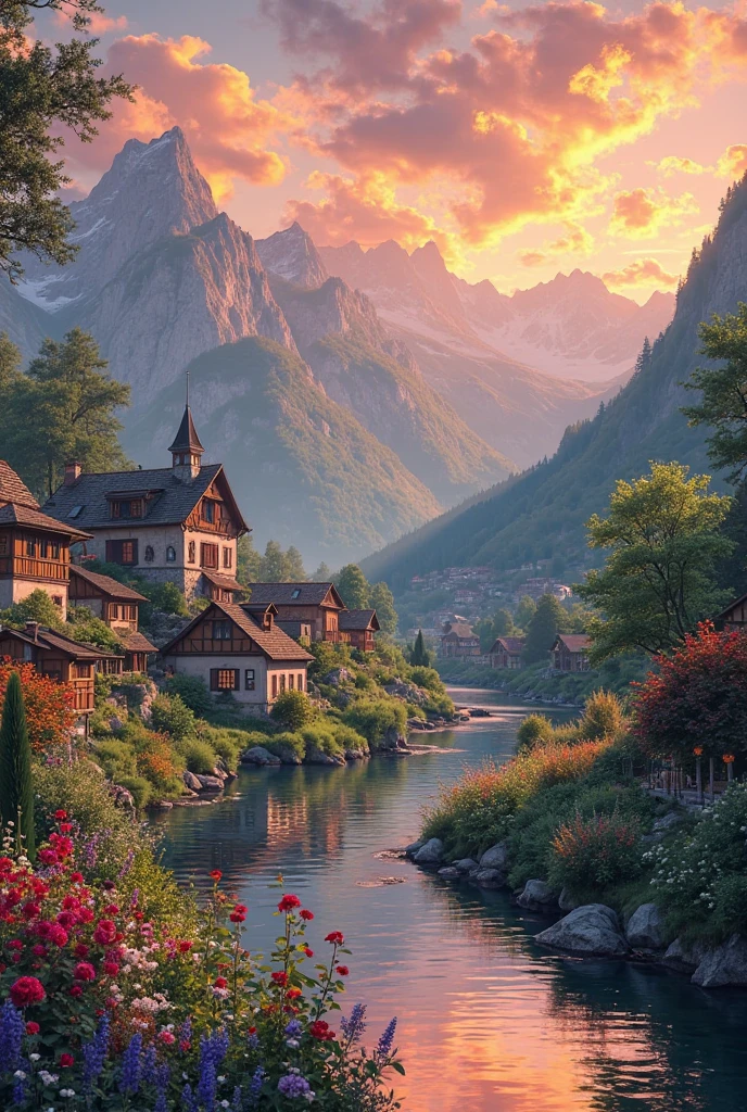 a small village by the river, mountains in the background, floral flowers colorful, detailed landscape, Beautiful natural landscapes, atmospheric lighting, scorching sunset, warm colours, practical, photopractical, Detailed Foliage, complex buildings, cobblestone street, Charming country house, swirly vibrant colors, lush vegetation, Still water reflections, Picturesque, idyllic, work of art, best qualityer, 8k, extremely detaild,anime styling