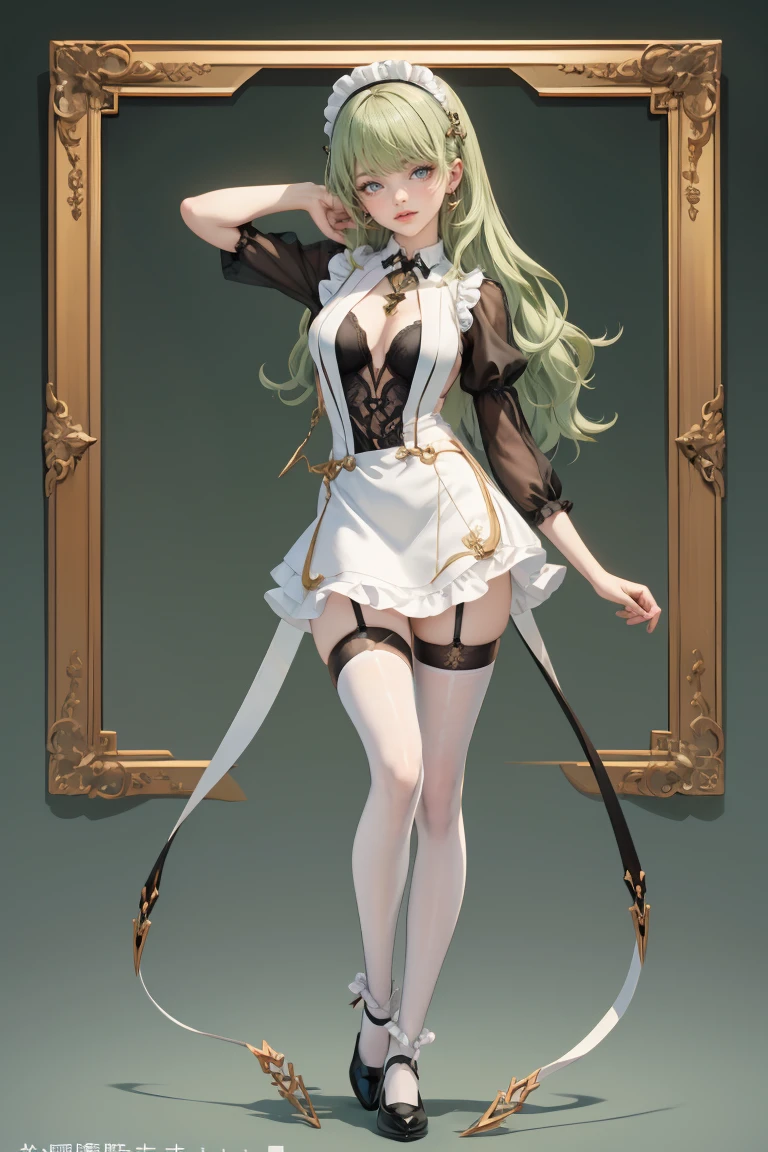 1girl, green hair, harness, white dress, chinese maid design, solo, buns hairstyle, symmetrical gloves, high socks, flare socks, harness, chinese maid dress, v neckline, garter on the legs, stand up, black apron, maid dress, chinese maid, chinese aesthetic, thigh gap, tassel, harness, very long hair, solid background, chinese maid uniform, full body, too many frills in her dress, magical girl, perfect anatomy, wearing a maid outfit with black and white color scheme, corset-style top, puffed sleeves, and a short ruffled skirt, stockings with garter belts, black shoes, arm accessories, gold jewelry, harness, jewelry, Cute pose, beautiful buns hairstyle, tassel, glow eyes, long hair with buns and bangs, high thigh, frills, harness, chinese maid uniform, chinese maid dress, black apron, garter on the legs, perfect legs, gold jewelry, solid background, stand up, blushing, maid headdress, chinese maid dress with too many frills, Chinese aesthetic, flare skirt, harness, centered girls, perfectly body, glowing hair, magical girl, more details on her clothes, golden details on her dress, tassel