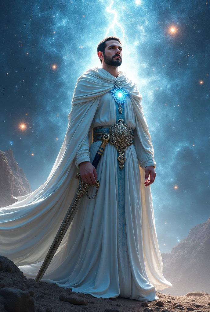 picture of a man in long overflowing celestial robes with his hand in the hilt of his sword in the sheath girded around his waist
