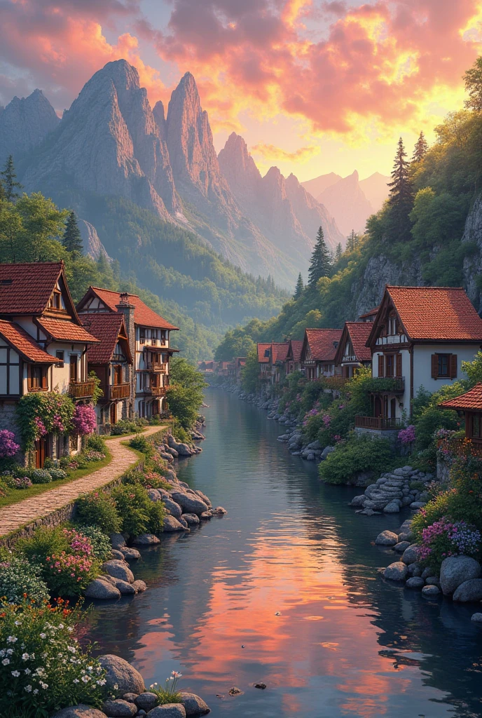 a small village by the river, mountains in the background, floral flowers colorful, detailed landscape, Beautiful natural landscapes, atmospheric lighting, scorching sunset, warm colours, practical, photopractical, Detailed Foliage, complex buildings, cobblestone street, Charming country house, swirly vibrant colors, lush vegetation, Still water reflections, Picturesque, idyllic, work of art, best qualityer, 8k, extremely detaild,anime styling